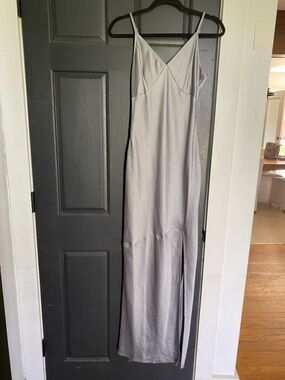 Astr Pale Blue Satin Slip Maxi Dress with Front Slit